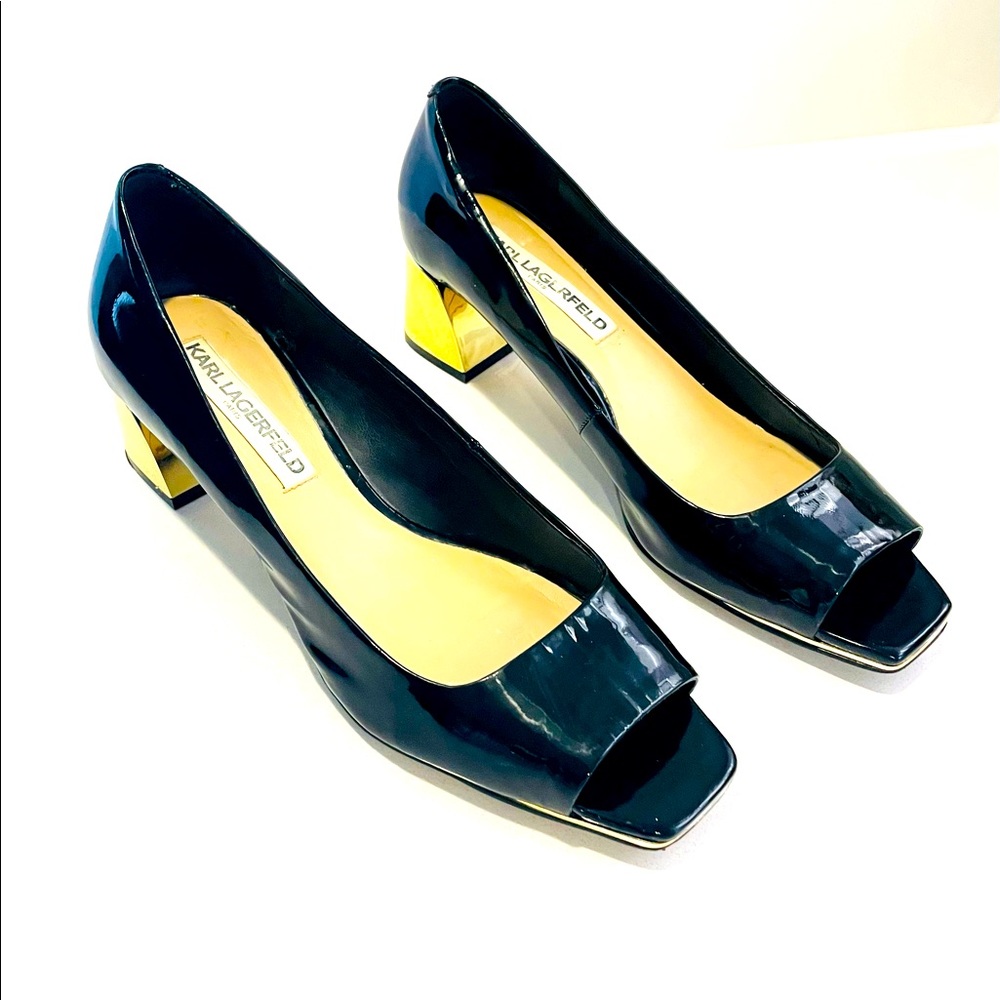 Karl Lagerfeld Patent Leather, Gold Block Heeled, Peep-Toe Pumps